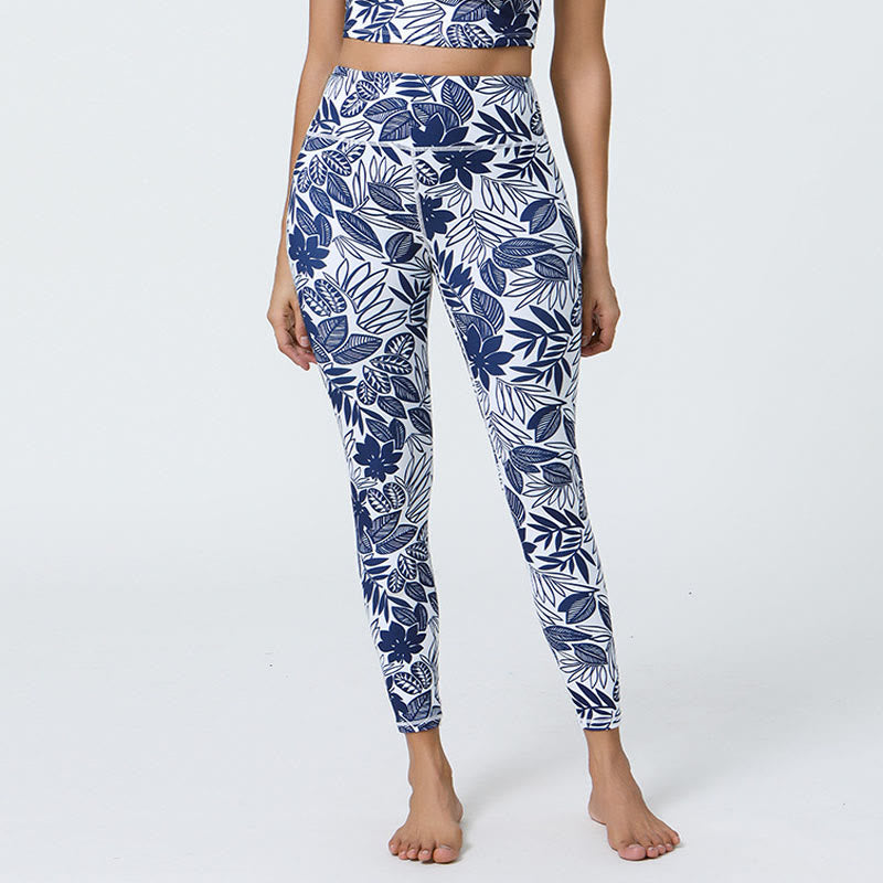 Buddha Stones Fiori Foglie Dente di leone Ananas Stampa Sport Fitness Vita alta Leggings Pantaloni da yoga da donna - Foglie bianche e blu - US12, UK/AU16, EU44 (XL) - image 23