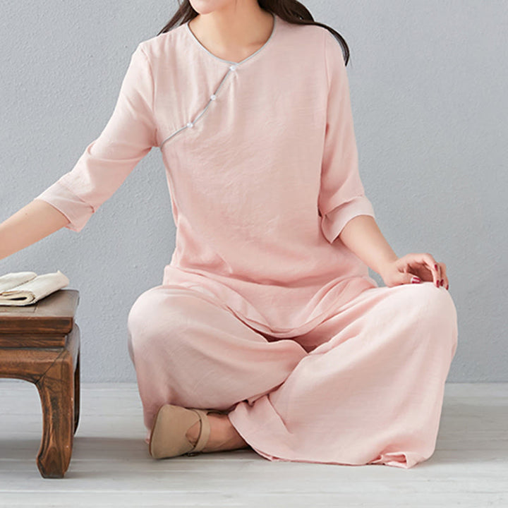 Buddha Stones 2 pezzi, manica a tre quarti, camicia a maniche lunghe, pantaloni larghi, meditazione, cotone e lino, set da donna - image 18