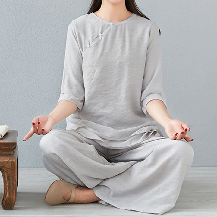 Buddha Stones 2 pezzi, manica a tre quarti, camicia a maniche lunghe, pantaloni larghi, meditazione, cotone e lino, set da donna - image 27