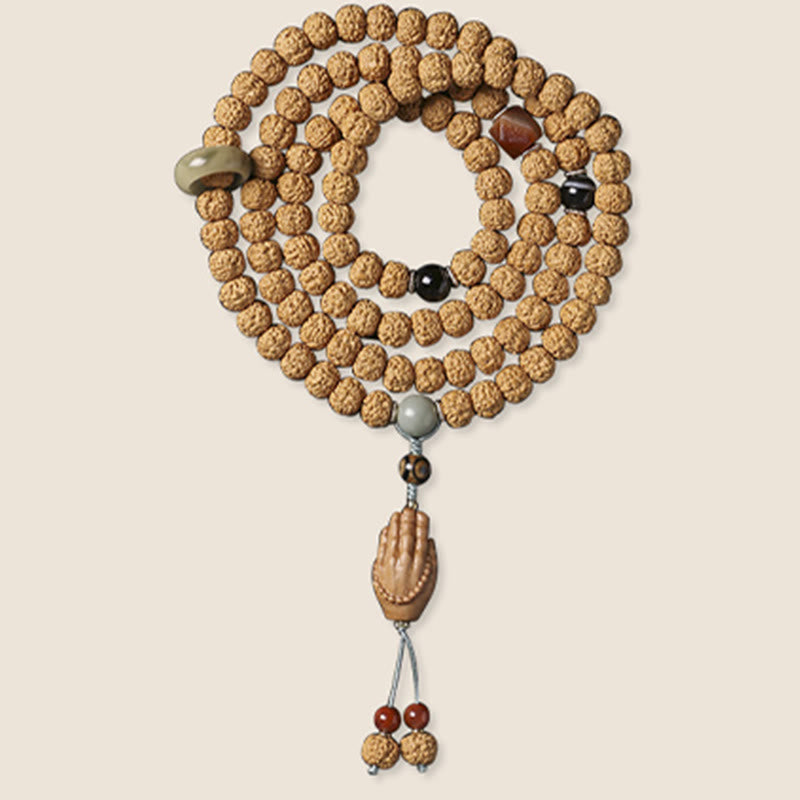 Buddha Stones Semi di Bodhi Perlina Dzi a tre occhi Ciondolo della mano del Buddha Bracciale della ricchezza