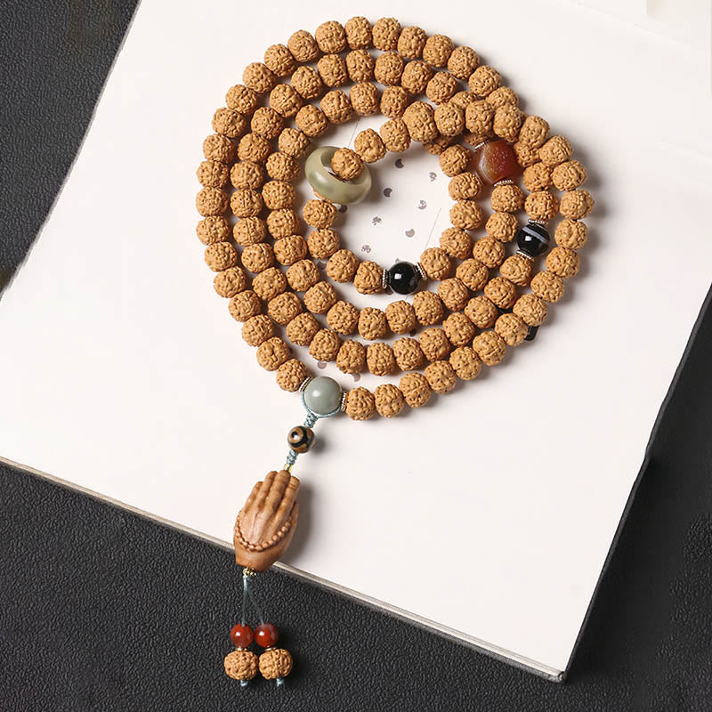 Buddha Stones Semi di Bodhi Perlina Dzi a tre occhi Ciondolo della mano del Buddha Bracciale della ricchezza