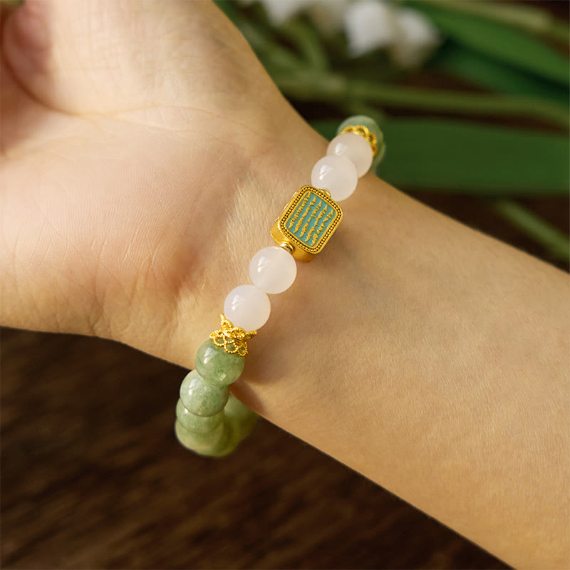 Braccialetto Buddha Stones Natural Green Jade White Agate Five Scriptures Abbondanza