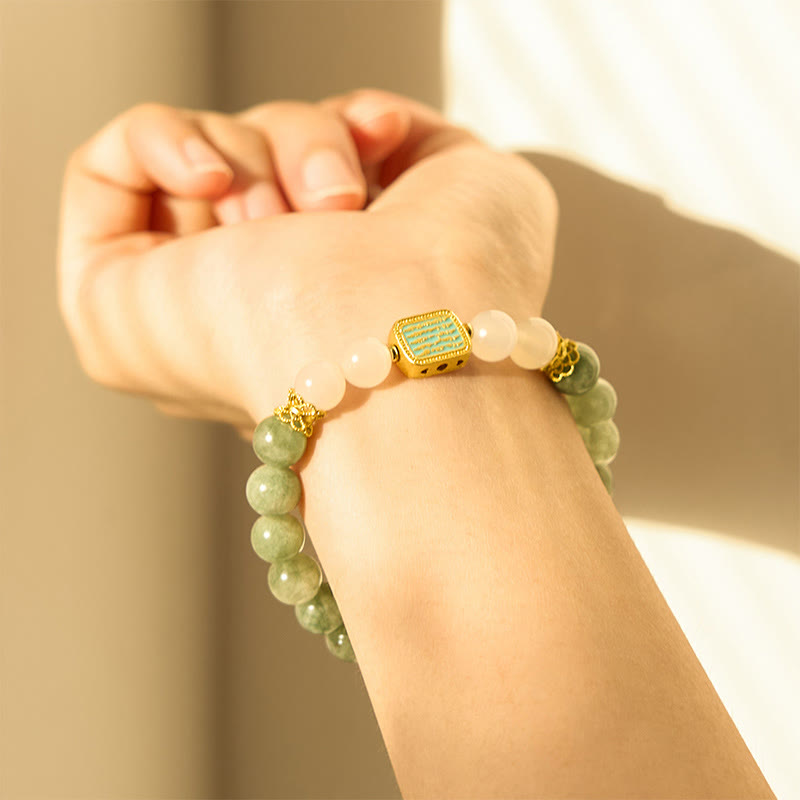 Braccialetto Buddha Stones Natural Green Jade White Agate Five Scriptures Abbondanza