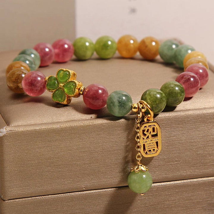 Braccialetto positivo con quadrifoglio colorato in giada e tormalina Buddha Stones