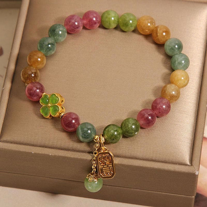 Braccialetto positivo con quadrifoglio colorato in giada e tormalina Buddha Stones