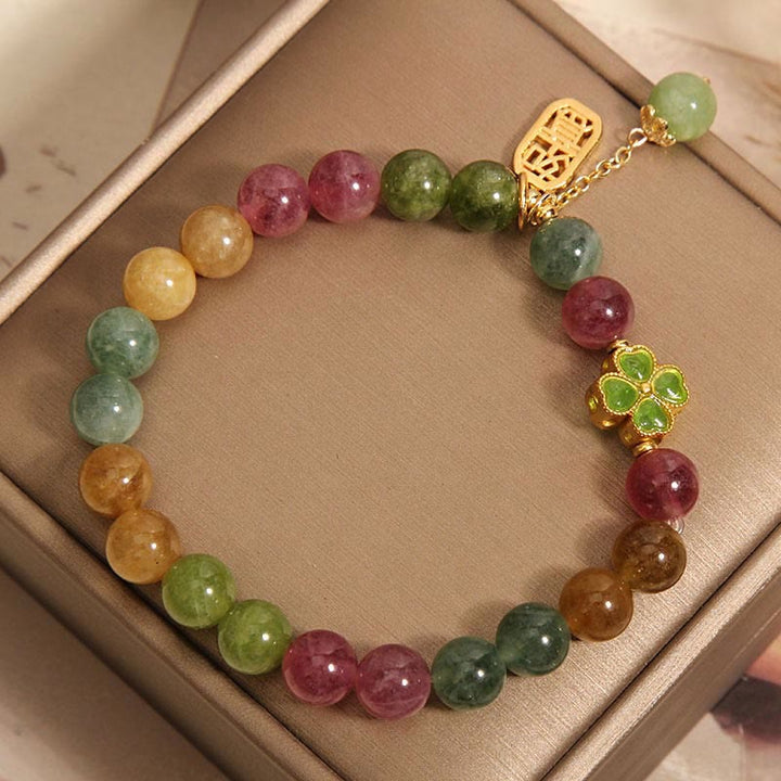 Braccialetto positivo con quadrifoglio colorato in giada e tormalina Buddha Stones