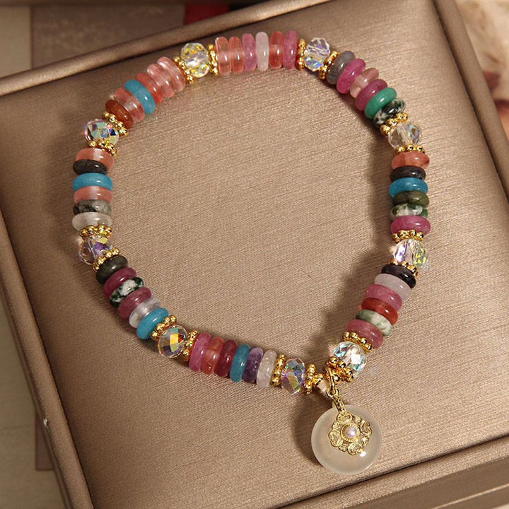 Buddha Stones Vari cristalli Quarzo fragola Fibbia della pace Braccialetto di buon auspicio