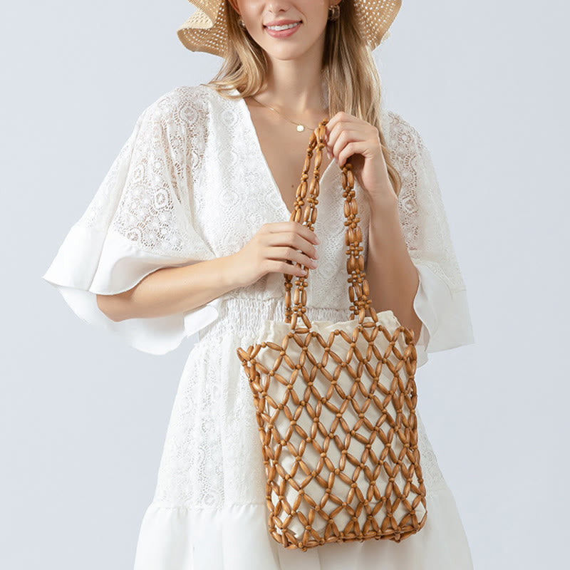 Borsa a tracolla con perline di legno intrecciate a mano , Buddha Stones