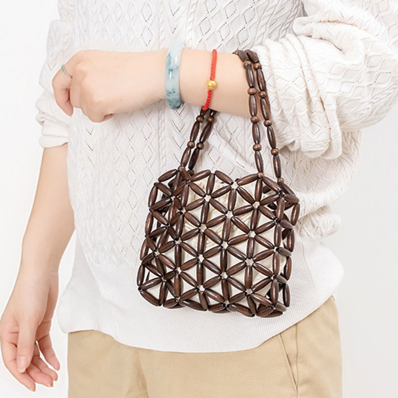 Borsa a mano con perline di legno intrecciate a mano Buddha Stones