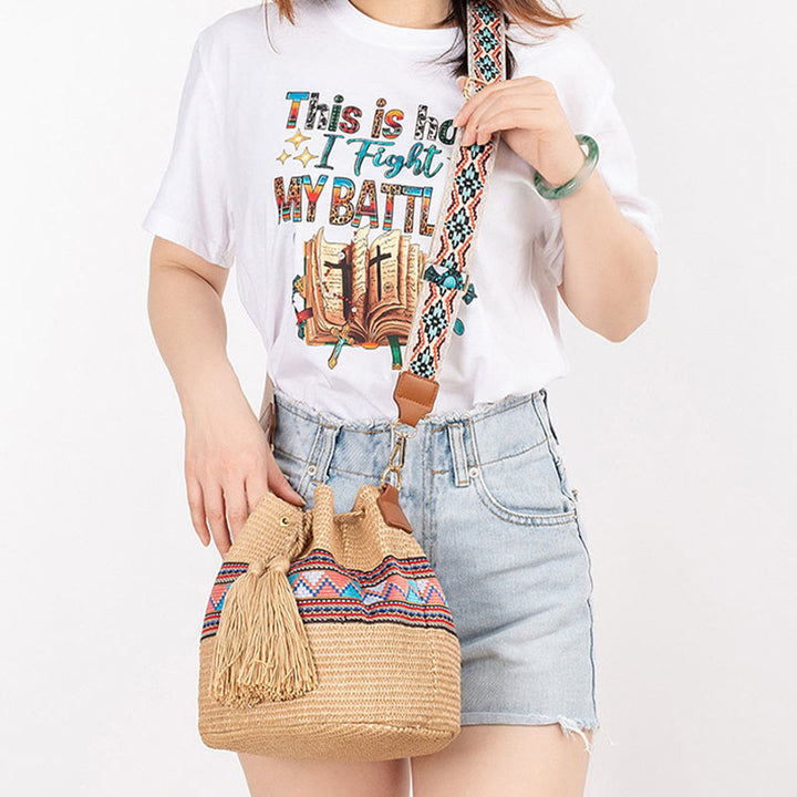 Borsa a tracolla con nappe, motivo : Buddha Stones Beach Geometry, in paglia intrecciata
