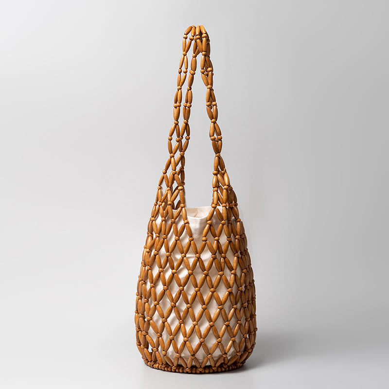 Borsa a tracolla a secchiello con perline di legno intrecciate a mano , Buddha Stones