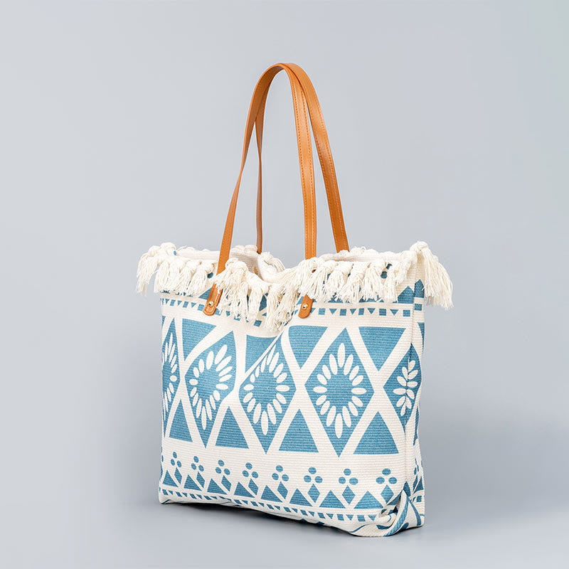 Borsa a tracolla in tela con stampa geometrica Boho di grande capacità e Buddha Stones