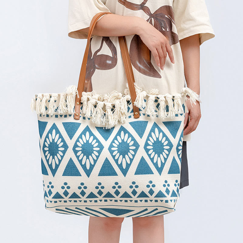 Borsa a tracolla in tela con stampa geometrica Boho di grande capacità e Buddha Stones