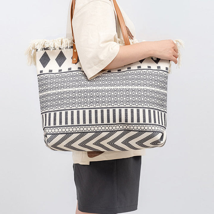 Borsa a tracolla in tela con stampa geometrica Boho di grande capacità e Buddha Stones