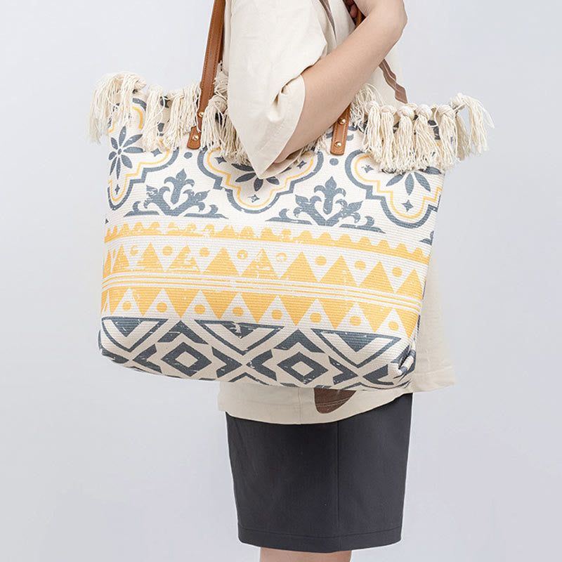 Borsa a tracolla in tela con stampa geometrica Boho di grande capacità e Buddha Stones