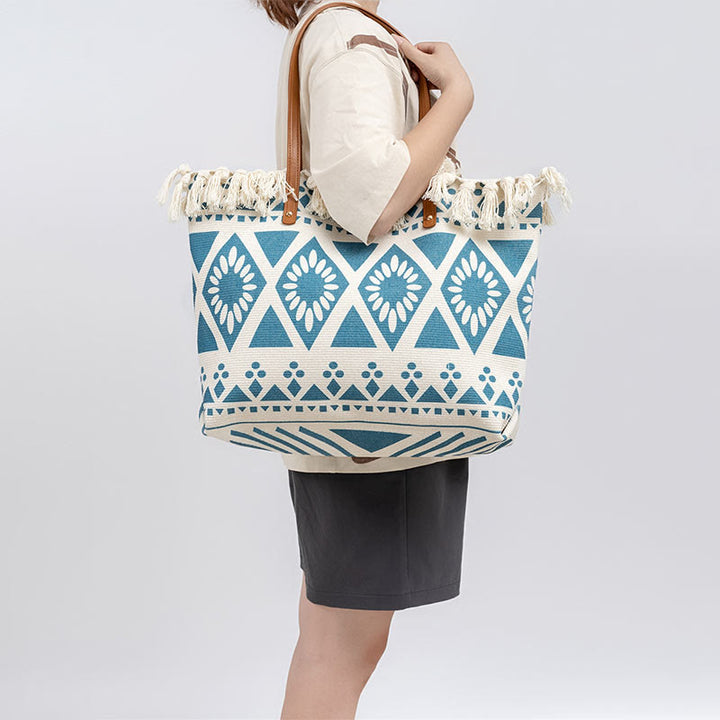 Borsa a tracolla in tela con stampa geometrica Boho di grande capacità e Buddha Stones
