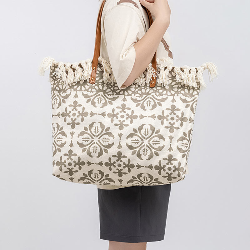 Borsa a tracolla in tela con stampa geometrica Boho di grande capacità e Buddha Stones
