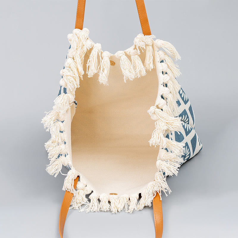 Borsa a tracolla in tela con stampa geometrica Boho di grande capacità e Buddha Stones