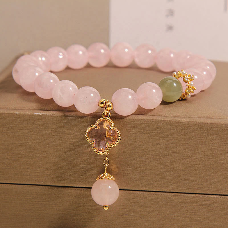 Braccialetto rilassante con quadrifoglio a quattro foglie in cristallo rosa naturale Buddha Stones - image 1