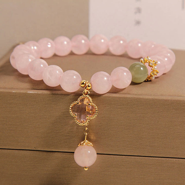 Braccialetto rilassante con quadrifoglio a quattro foglie in cristallo rosa naturale Buddha Stones - image 1