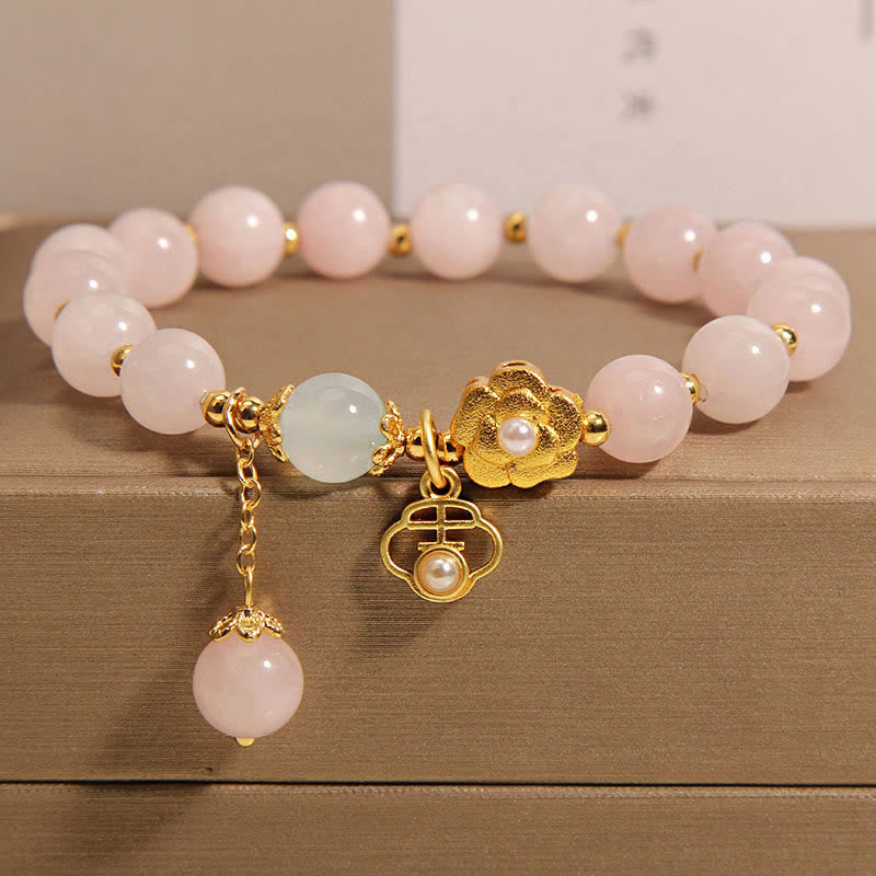 Braccialetto di calore con fiore portafortuna in cristallo rosa naturale Buddha Stones - Cristallo rosa (Circonferenza del polso: 14-17 cm) - image 0