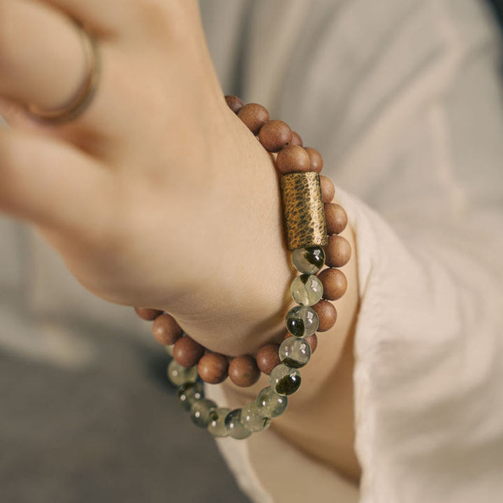 Braccialetto di purificazione in sandalo naturale con quarzo rutilato verde Buddha Stones