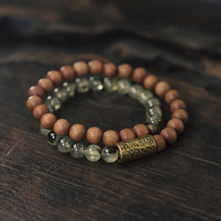 Braccialetto di purificazione in sandalo naturale con quarzo rutilato verde Buddha Stones
