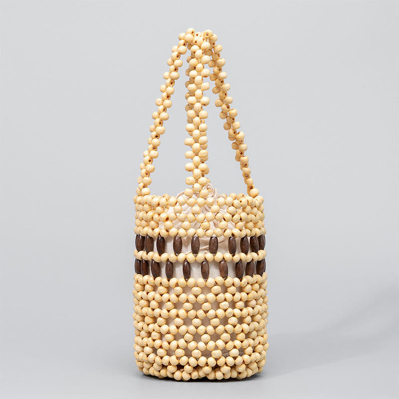 Buddha Stones Secchiello intrecciato a mano Perline di legno portatili Borsa a mano