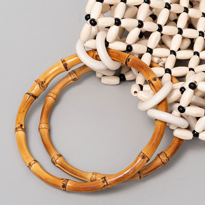 Borsa a tracolla con manico in bambù, perline di legno intrecciate a mano , Buddha Stones