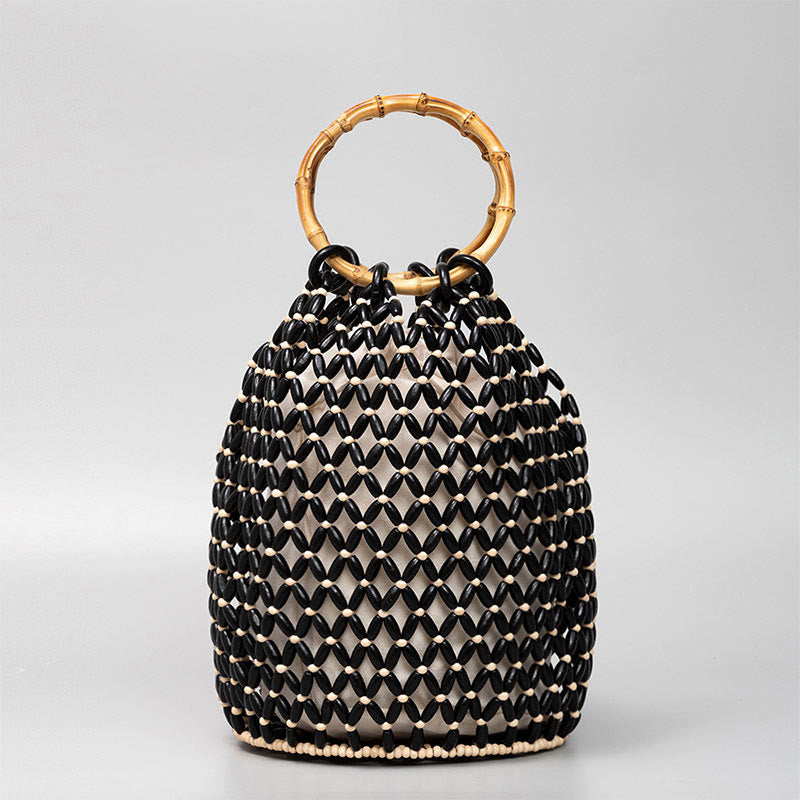 Borsa a tracolla con manico in bambù, perline di legno intrecciate a mano , Buddha Stones