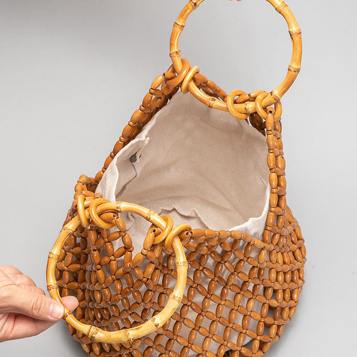 Borsa a tracolla con manico in bambù, perline di legno intrecciate a mano , Buddha Stones