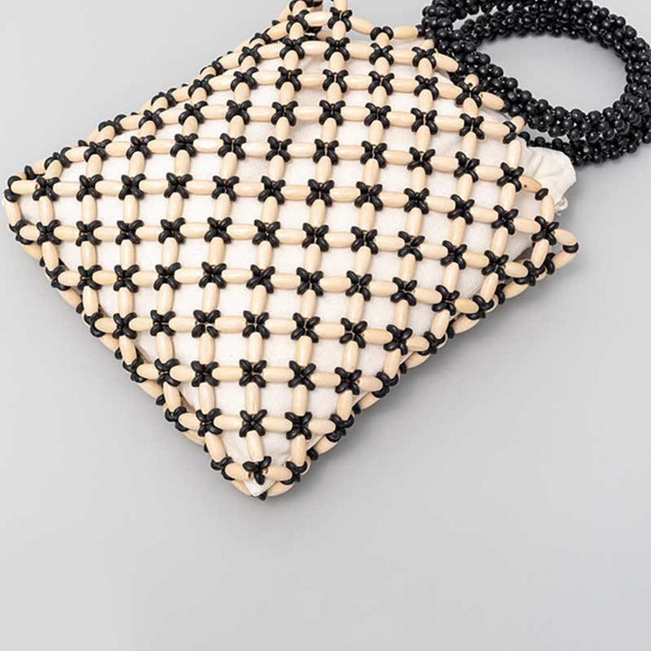 Buddha Stones Borsa a mano con perline di legno a losanga intrecciate a mano