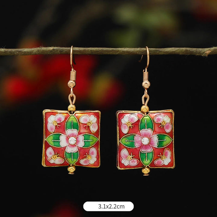 Orecchini pendenti in lega di rame con fiore di farfalla di loto e pietre Buddha Stones , illuminazione - Fiore quadrato rosso verde 3,1*2,2 cm - image 24