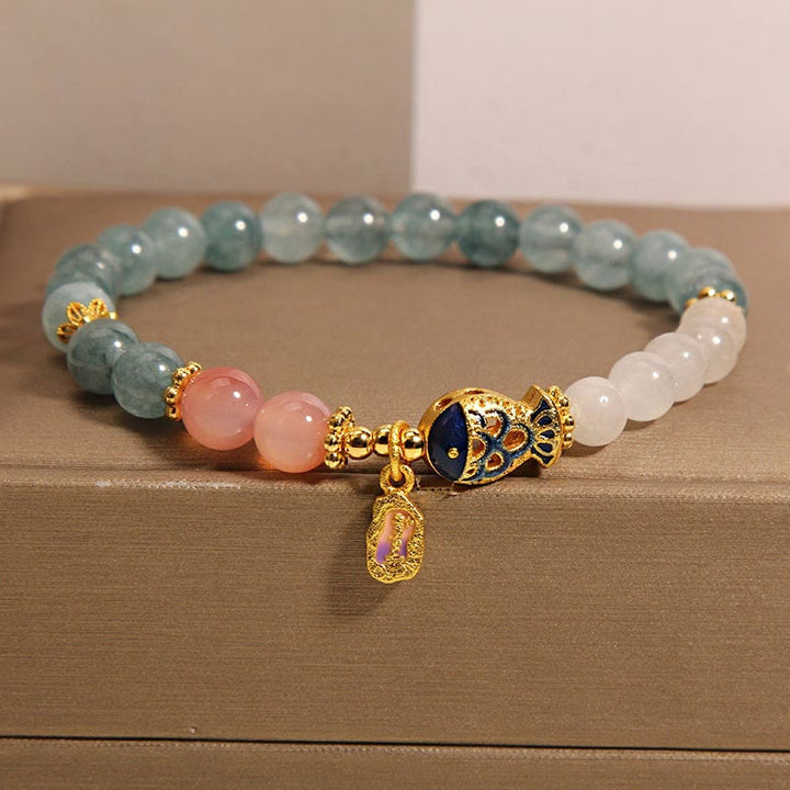 Buddha Stones Giada Yanyuan Agata Giada bianca Pesce Koi Scrittura Ciondolo Braccialetto della fortuna