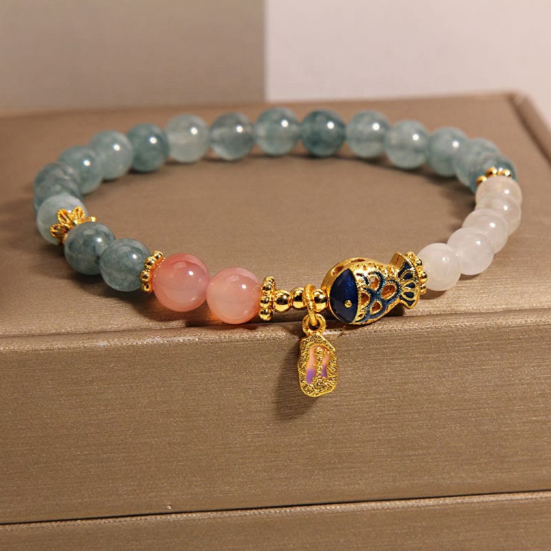 Buddha Stones Giada Yanyuan Agata Giada bianca Pesce Koi Scrittura Ciondolo Braccialetto della fortuna