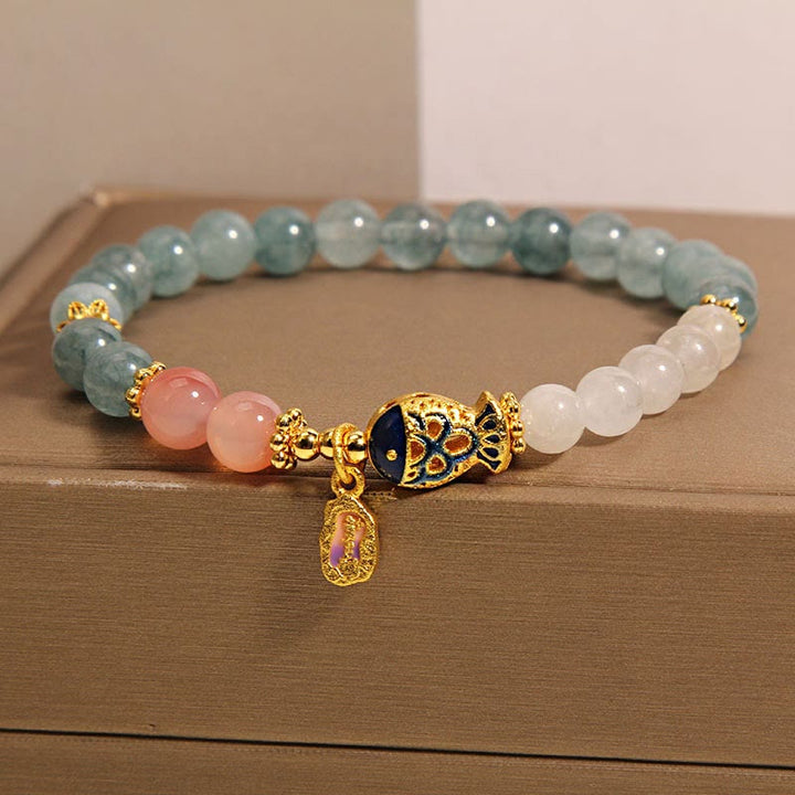Buddha Stones Giada Yanyuan Agata Giada bianca Pesce Koi Scrittura Ciondolo Braccialetto della fortuna