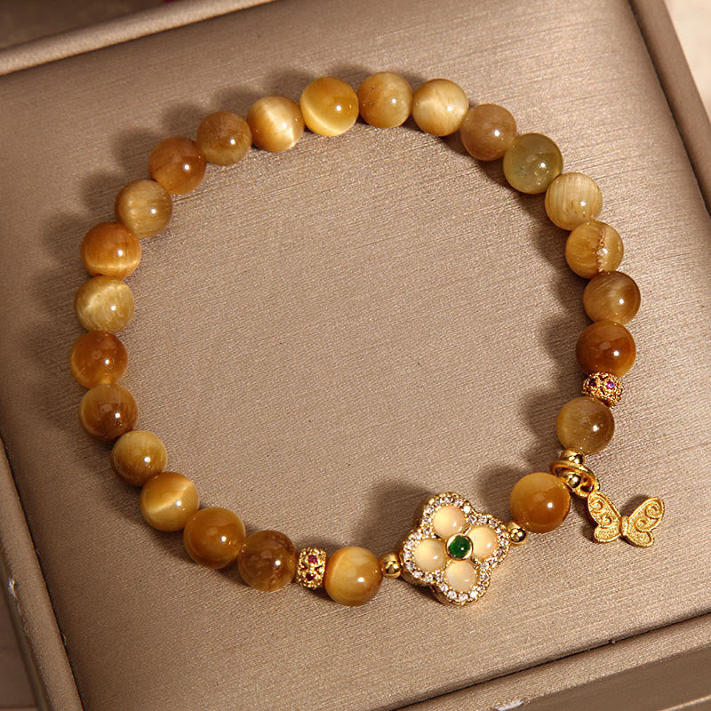 Braccialetto di protezione con farfalla a quadrifoglio e occhio di tigre Buddha Stones