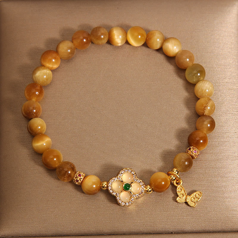 Braccialetto di protezione con farfalla a quadrifoglio e occhio di tigre Buddha Stones