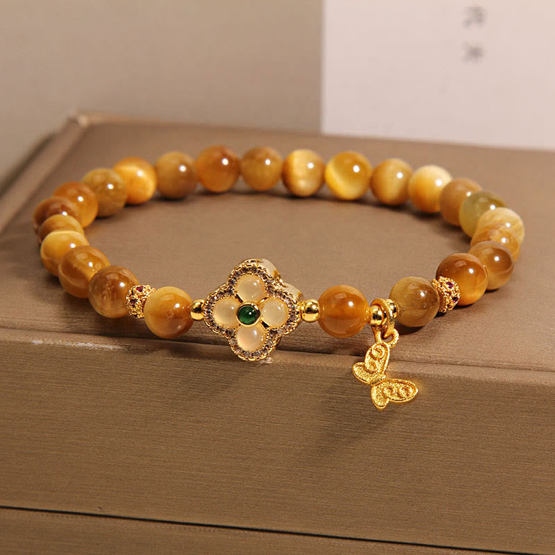 Braccialetto di protezione con farfalla a quadrifoglio e occhio di tigre Buddha Stones