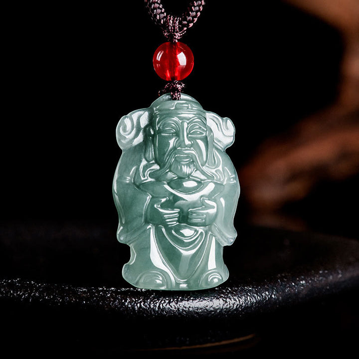 Buddha Stones Natural Green Jade Cinese Dio della Ricchezza Caishen Lingotto Abbondanza Collana Pendente