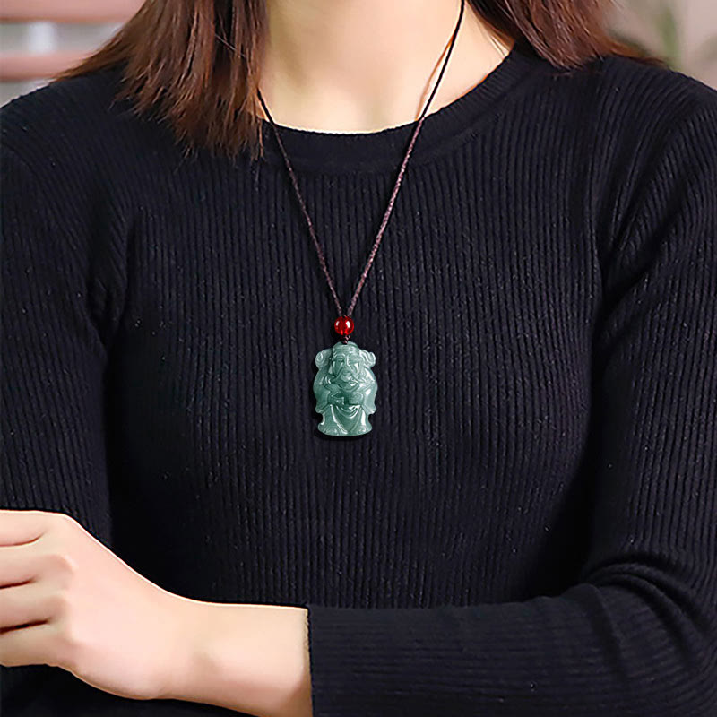 Buddha Stones Natural Green Jade Cinese Dio della Ricchezza Caishen Lingotto Abbondanza Collana Pendente