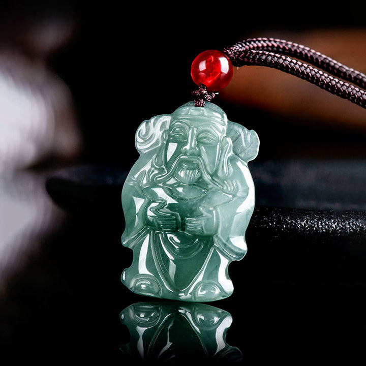 Buddha Stones Natural Green Jade Cinese Dio della Ricchezza Caishen Lingotto Abbondanza Collana Pendente
