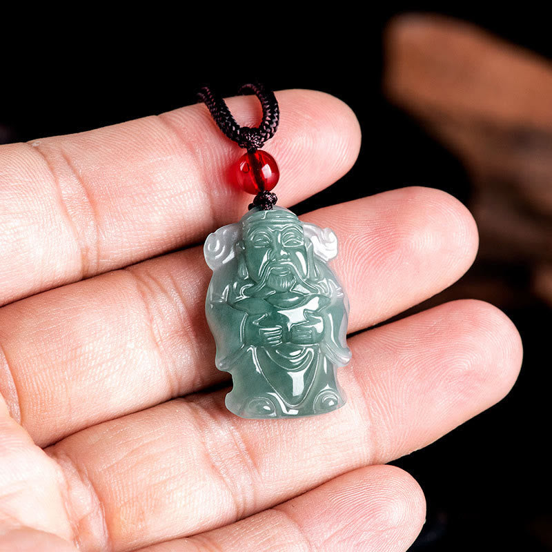 Buddha Stones Natural Green Jade Cinese Dio della Ricchezza Caishen Lingotto Abbondanza Collana Pendente