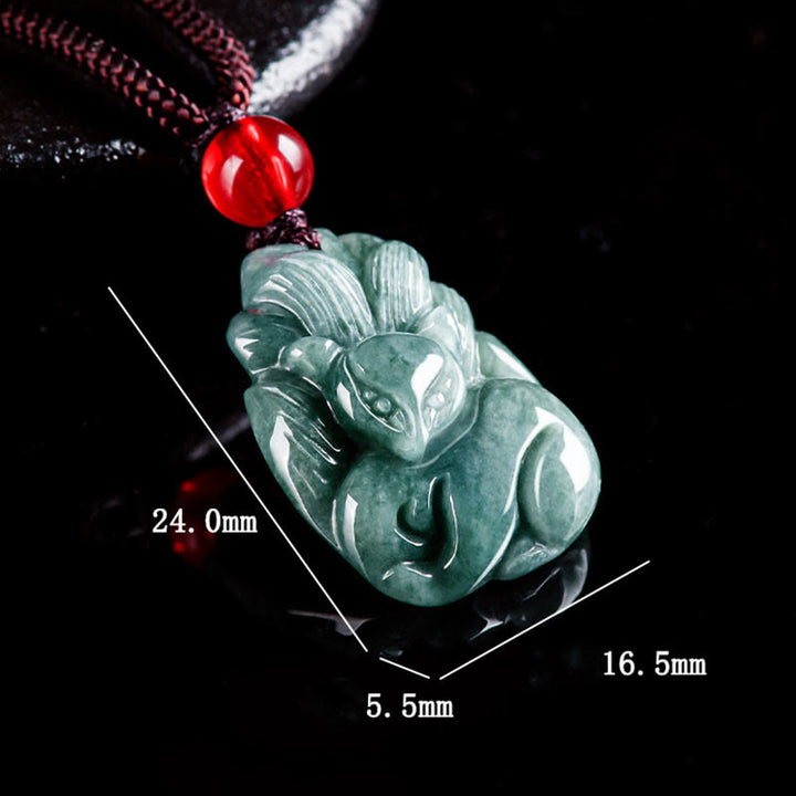 Buddha Stones Natural Green Jade Volpe a nove code Collana con ciondolo della prosperità incisa