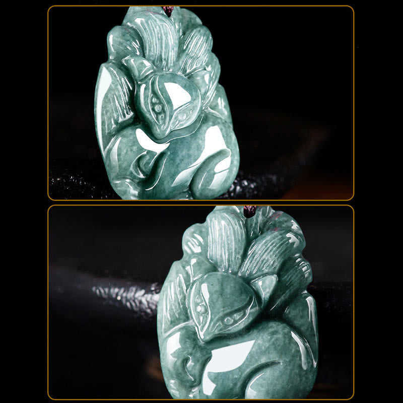 Buddha Stones Natural Green Jade Volpe a nove code Collana con ciondolo della prosperità incisa