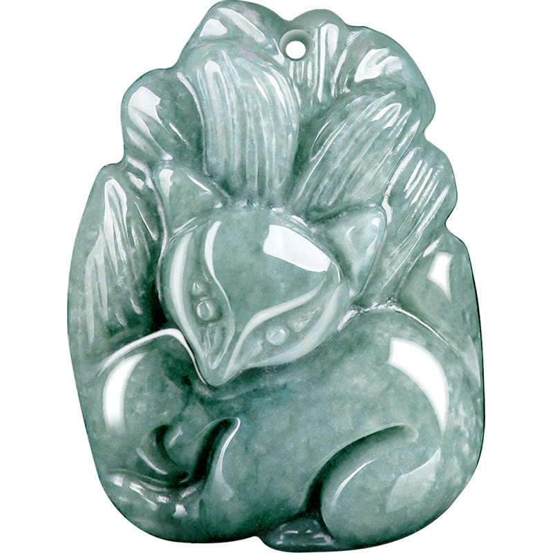 Buddha Stones Natural Green Jade Volpe a nove code Collana con ciondolo della prosperità incisa