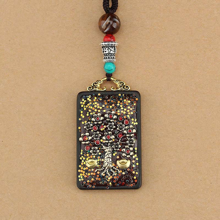 Buddha Stones Tibet Dio della Ricchezza Albero dei Soldi Fenice Dorata Thangka Ebano Collana Pendente della Pace - image 11