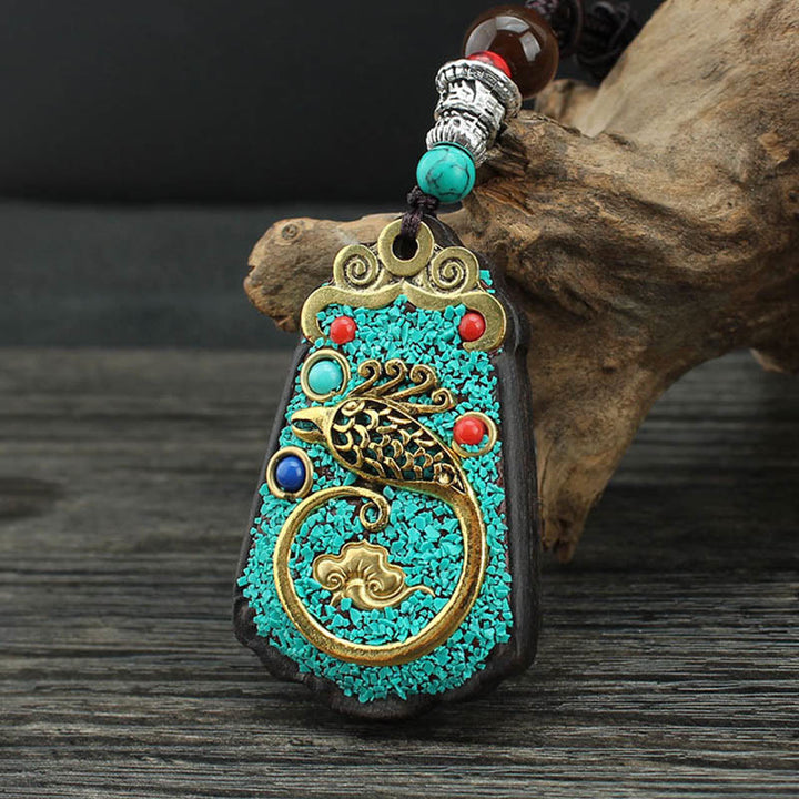Buddha Stones Tibet Dio della Ricchezza Albero dei Soldi Fenice Dorata Thangka Ebano Collana Pendente della Pace - Fenice dorata - image 13