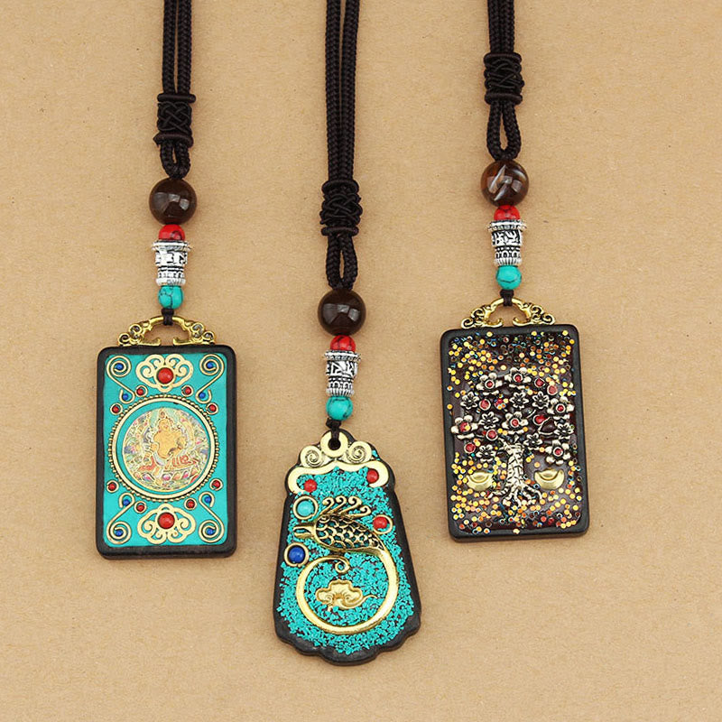 Buddha Stones Tibet Dio della Ricchezza Albero dei Soldi Fenice Dorata Thangka Ebano Collana Pendente della Pace - image 16