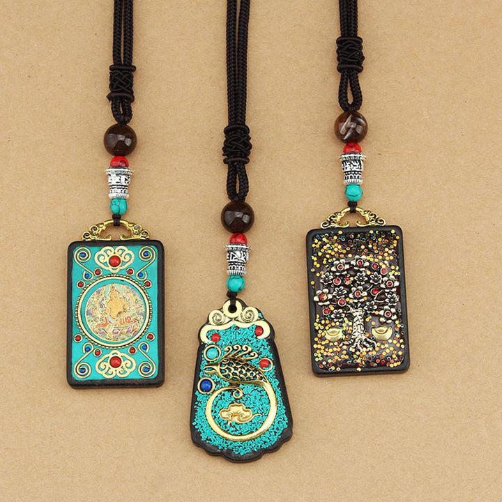 Buddha Stones Tibet Dio della Ricchezza Albero dei Soldi Fenice Dorata Thangka Ebano Collana Pendente della Pace - image 16